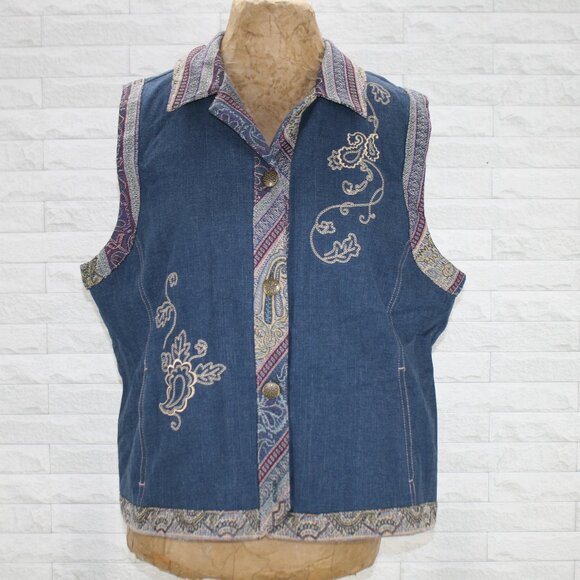 VINTAGE CITY BLUES Vest Denim Floral Paisley Embellished Coastal Cowgirl XLP - Picture 1 of 13